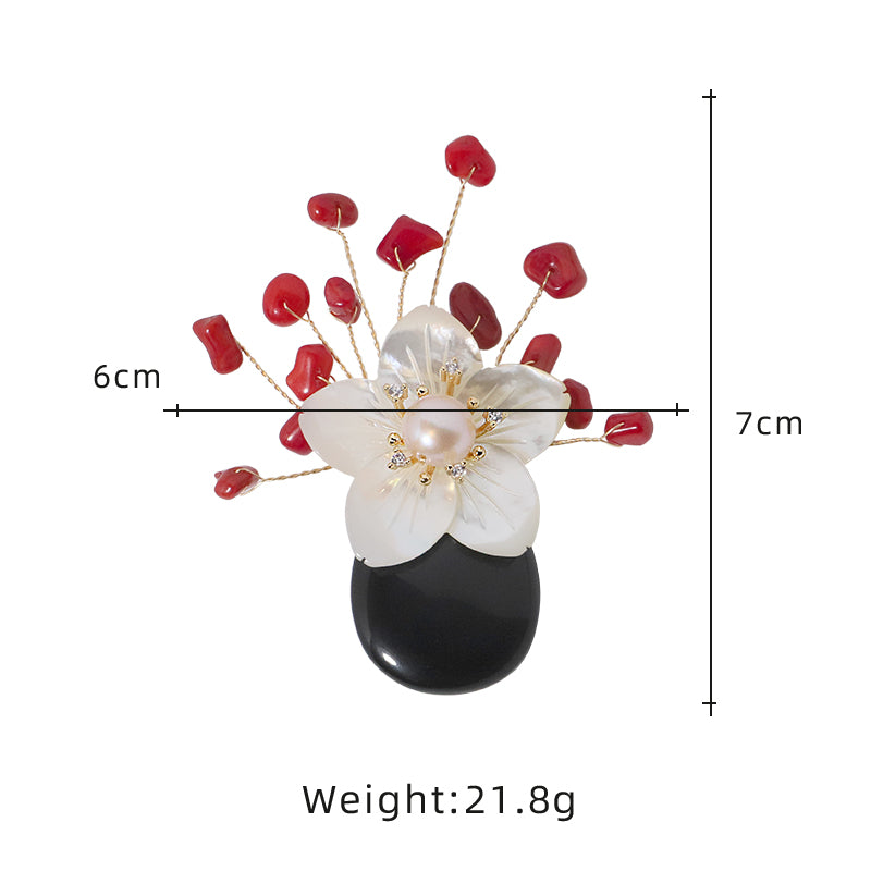 Natural Pearl Black Agate Shell Flower Coral Brooch Korean Women's Luxury Jewelry Fashion Women's and Girls' Gifts