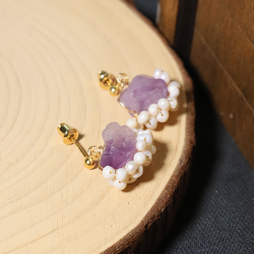 Natural Freshwater Pearl Amethyst Edging Earrings Korean Style Women Luxury Jewelry Fashion Ladies and Girls Gift