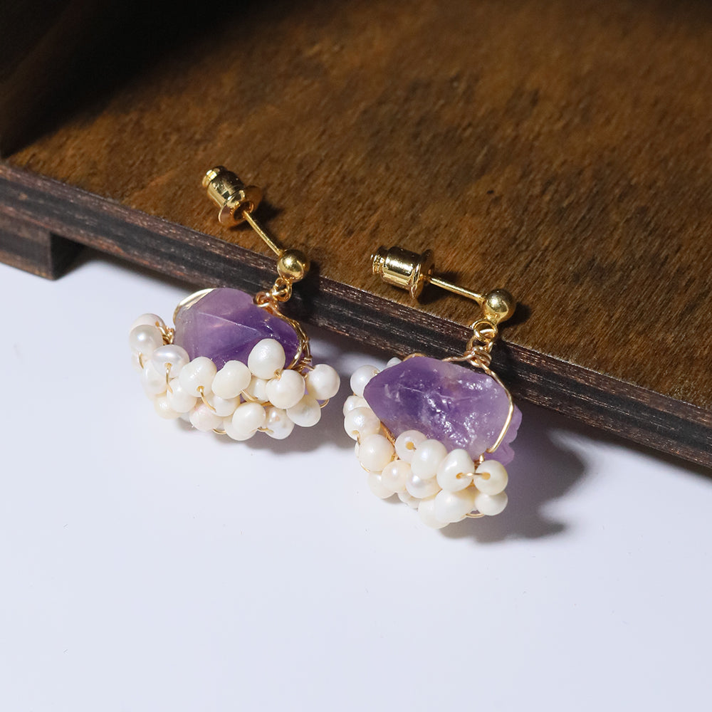 Natural Freshwater Pearl Amethyst Edging Earrings Korean Style Women Luxury Jewelry Fashion Ladies and Girls Gift
