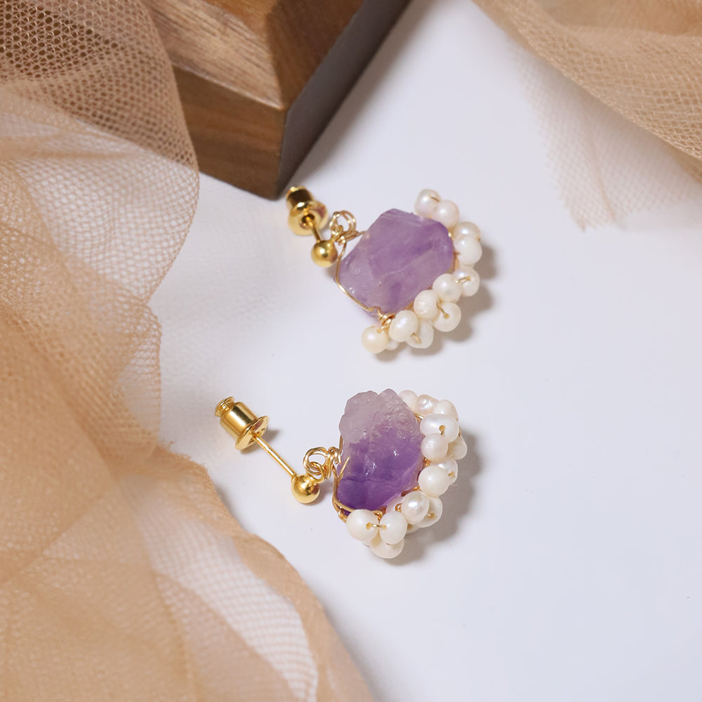 Natural Freshwater Pearl Amethyst Edging Earrings Korean Style Women Luxury Jewelry Fashion Ladies and Girls Gift