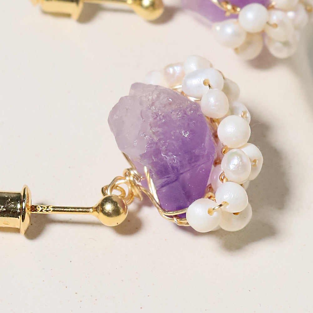 Natural Freshwater Pearl Amethyst Edging Earrings Korean Style Women Luxury Jewelry Fashion Ladies and Girls Gift