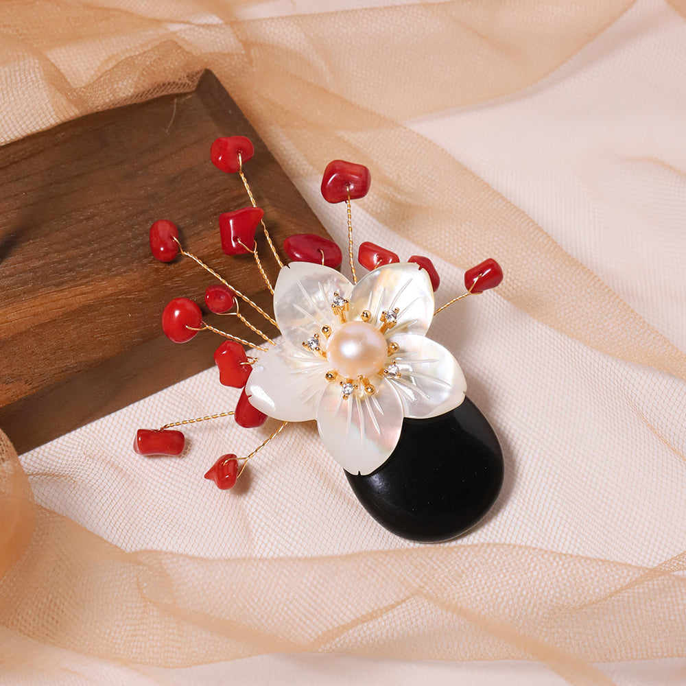 Natural Pearl Black Agate Shell Flower Coral Brooch Korean Women's Luxury Jewelry Fashion Women's and Girls' Gifts