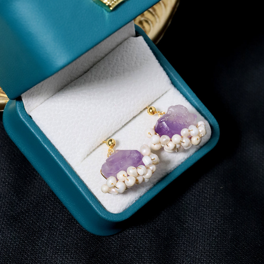 Natural Freshwater Pearl Amethyst Edging Earrings Korean Style Women Luxury Jewelry Fashion Ladies and Girls Gift