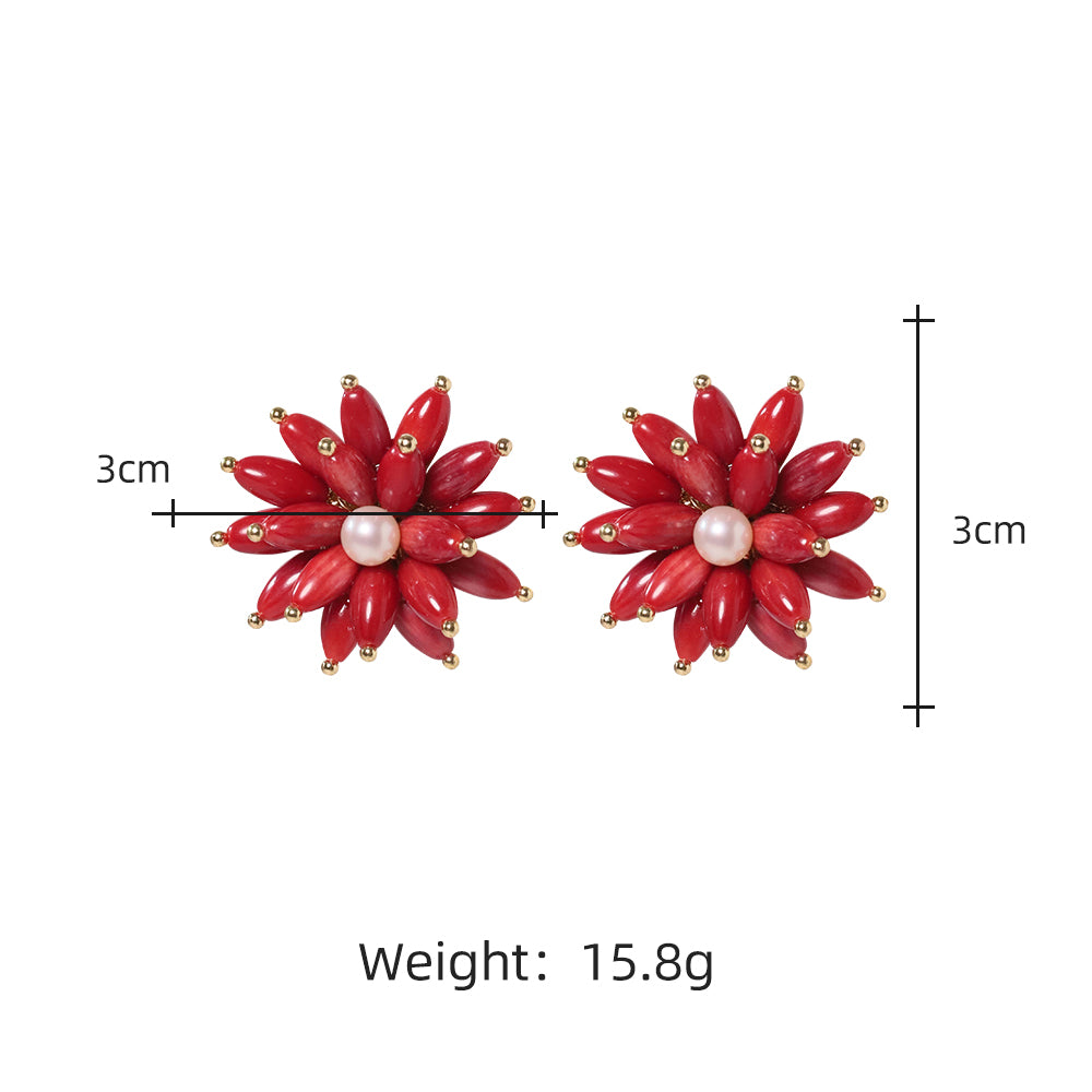 Natural Red Coral Stone Flower Freshwater Pearl Earrings Korean Style Women Luxury Jewelry Fashion Ladies and Girls Gift