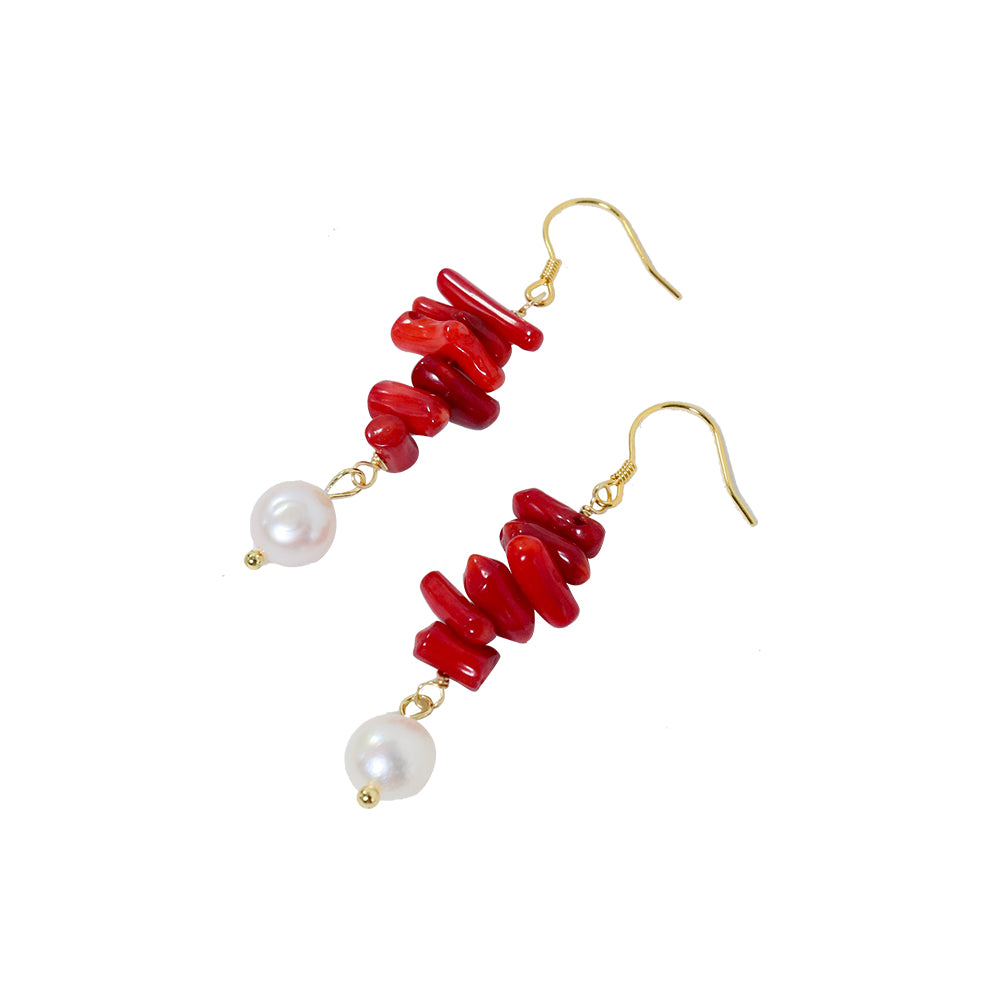 Natural Freshwater Pearl Long Red Coral Earring Korean Style Women Luxury Jewelry Fashion Ladies and Girls Gift