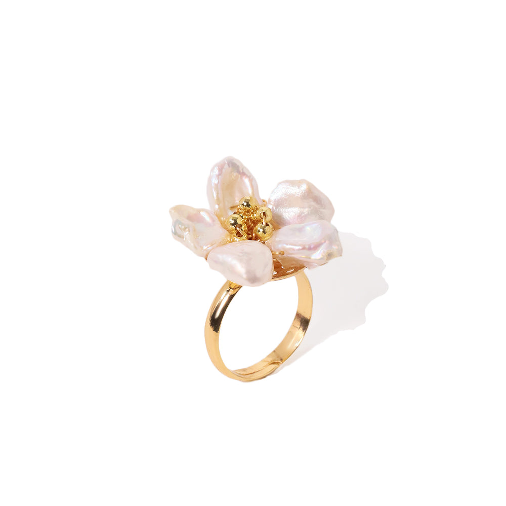 Natural Freshwater Baroque Pearl Flower Ring Brass 18k Gold Plated Women Ring Vintage Elegant Jewelry Wholesale