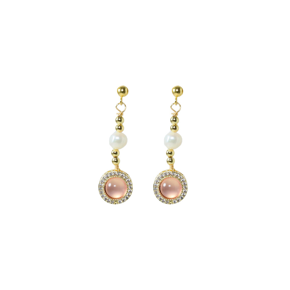 Natural Freshwater Pearl Inlaid Pink Crystal Gold Bead Earrings Korean Style Women Luxury Jewelry Fashion Ladies Gift