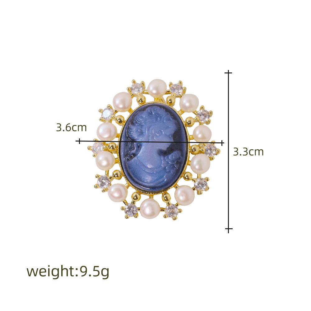 Natural Pearls Cameo Blue Carved Inlaid Zircon Brooches Women Fashion Jewelry Brooches Pearl Brooch Madam Gift