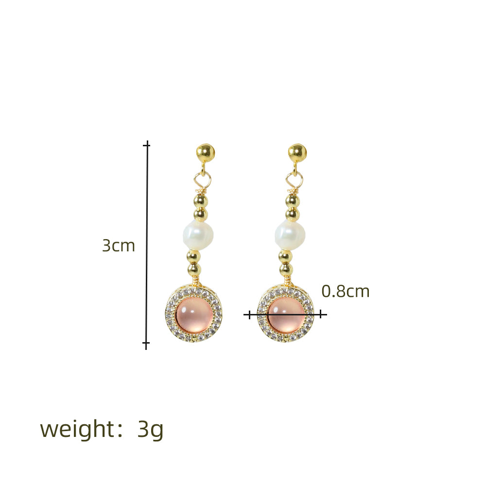 Natural Freshwater Pearl Inlaid Pink Crystal Gold Bead Earrings Korean Style Women Luxury Jewelry Fashion Ladies Gift