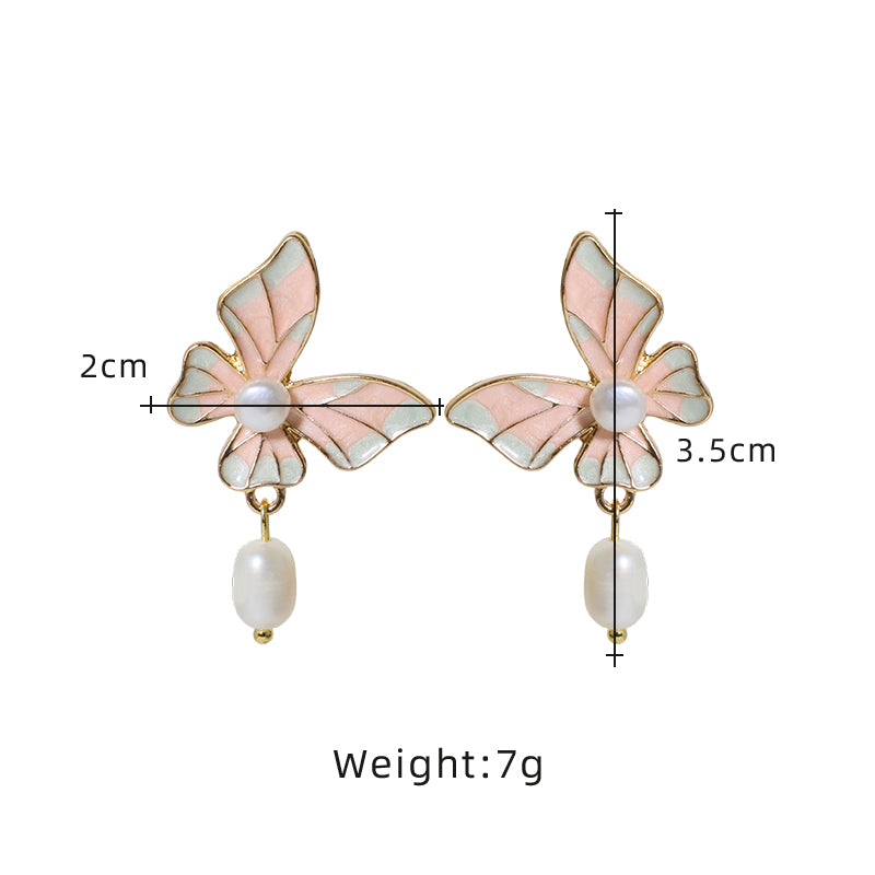 Natural Freshwater Pearl Pink Butterfly Pendant Earrings Korean Style Women Luxury Jewelry Fashion Ladies and Girls Gift