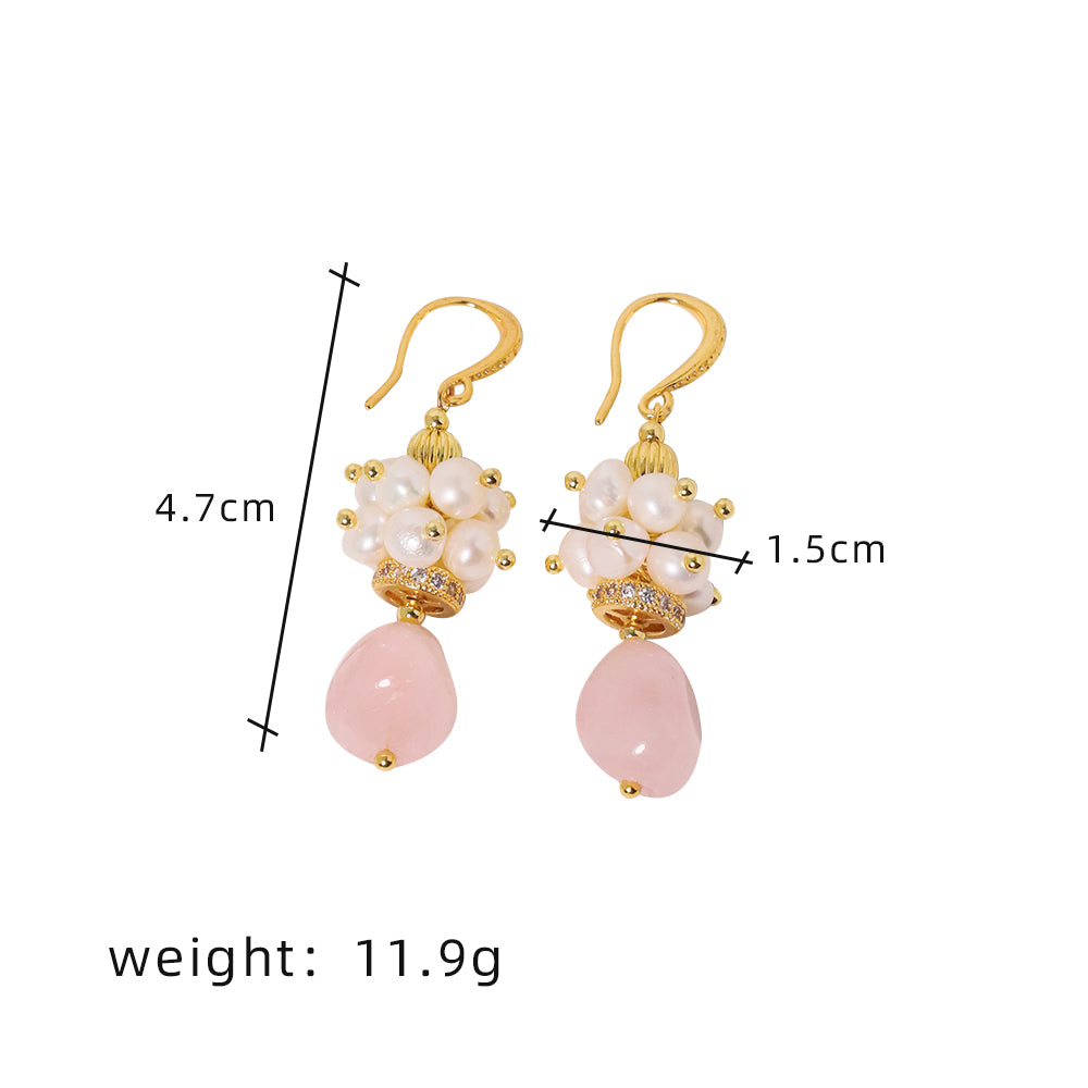 Natural Freshwater Pearl Powder Crystal Earrings for Woman Korean Fashion Style Vintage Personality Lady Jewelry