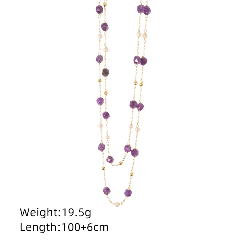 Natural Freshwater Pearl Amethyst Bead Sweater Chain Korean Style Women Luxury Jewelry Fashion Ladies and Girls Gift