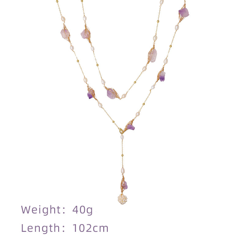 Natural Freshwater Pearl Amethyst Sweater Chain Korean Style Women Luxury Jewelry Fashion Ladies and Girls Gift