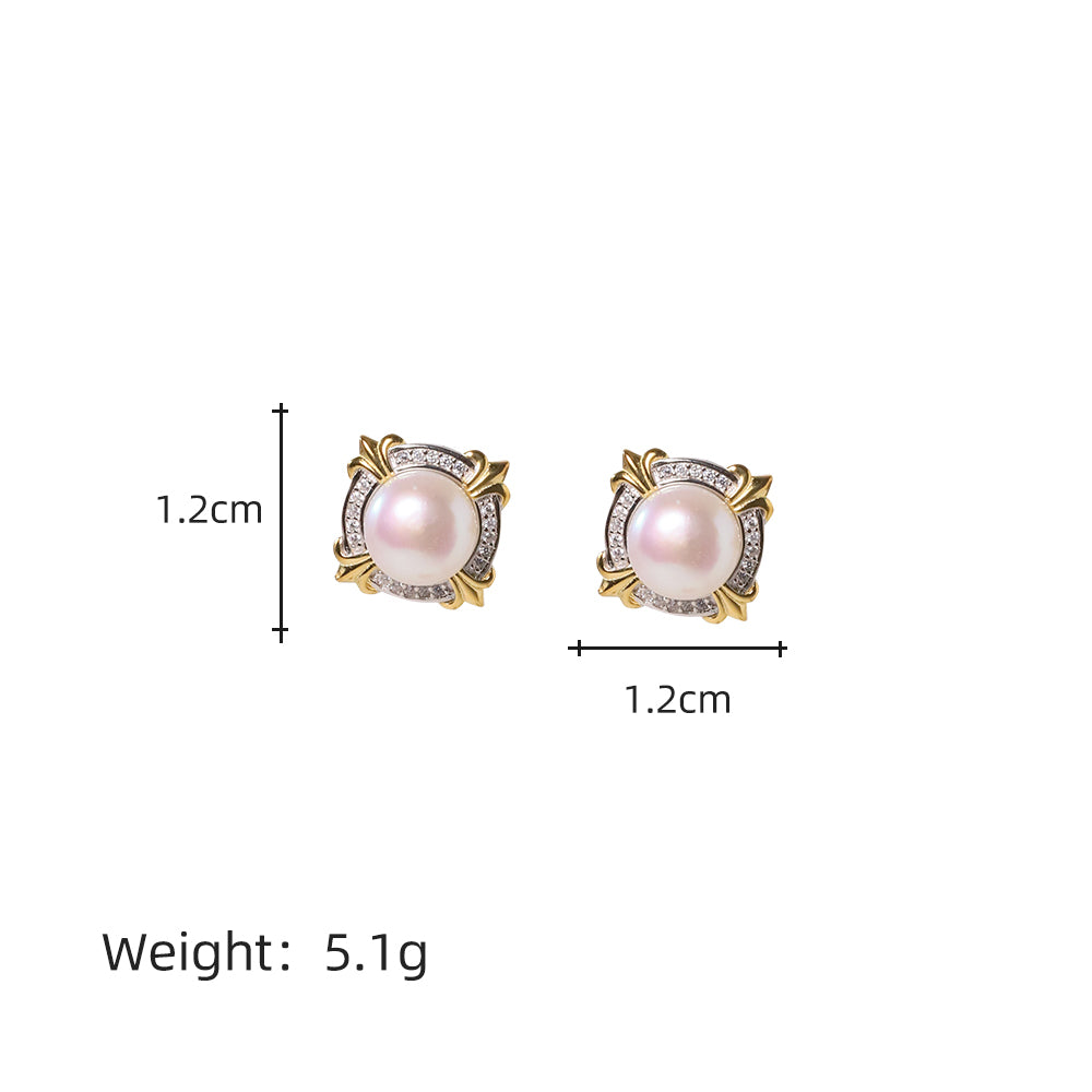 Natural Freshwater Pearl Round Flower Shaped 925 Silver Earrings for Women Korean Classic Vintage Fashion Jewelry Earrings