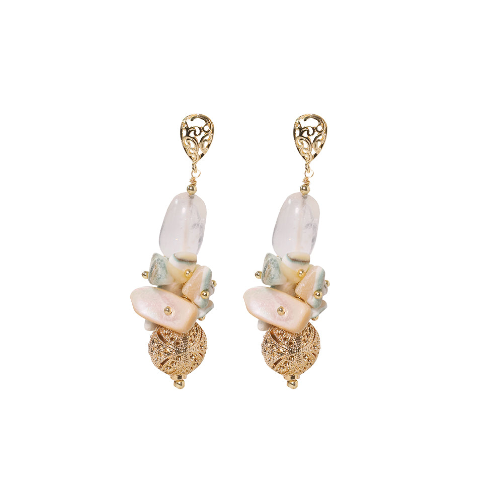 Natural Stone Gold Flower Beads and Natural Crystal Earrings for Women Korean Classic Vintage Fashion Jewelry Earrings