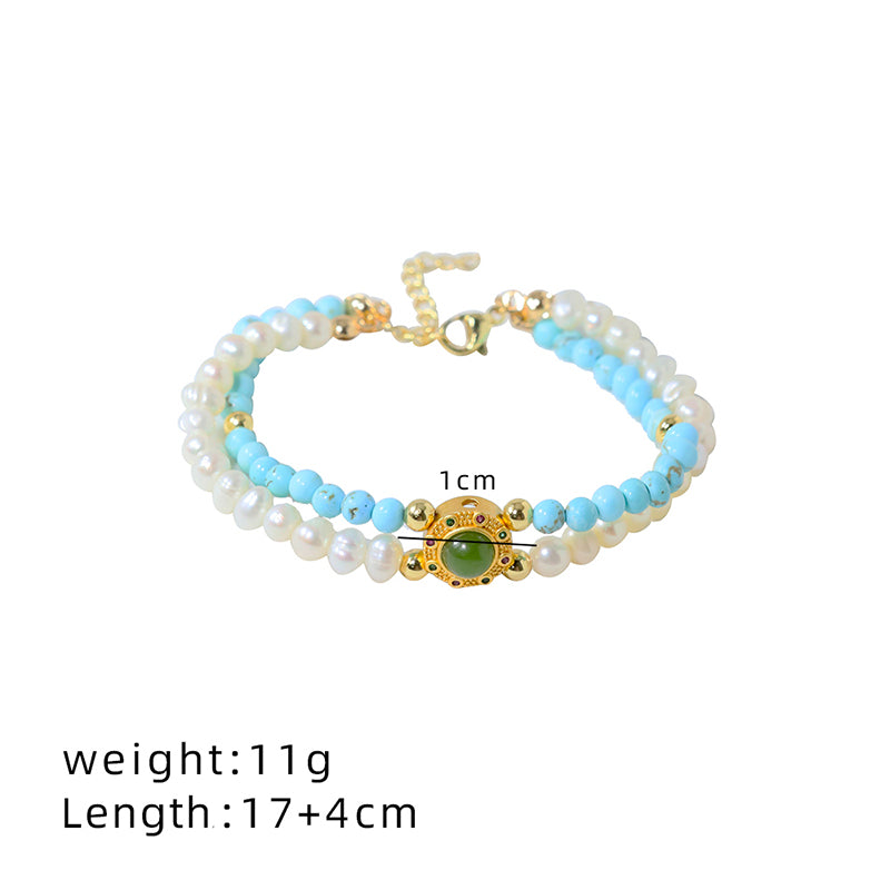 Natural Freshwater Pearl Turquoise Double-layer Bracelet Korean Women's Luxury Jewelry Fashion Women's and Girls' Gifts