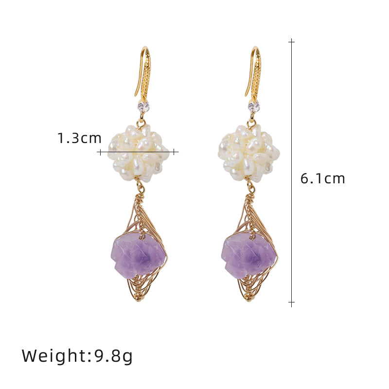 Natural Freshwater Pearl Flower Ball Amethyst Earrings Korean Style Women Luxury Jewelry Fashion Ladies and Girls Gift