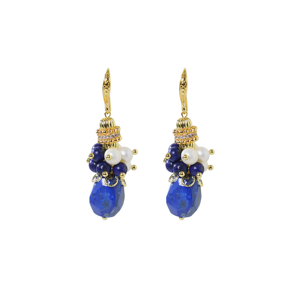 Natural Freshwater Pearl Lapis Lazuli Flower Earrings Korean Style Women Luxury Jewelry Fashion Ladies and Girls Gift