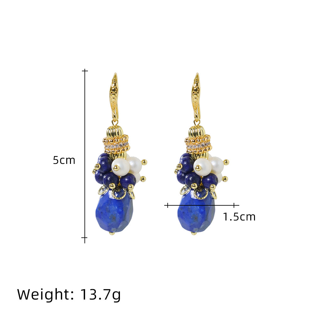 Natural Freshwater Pearl Lapis Lazuli Flower Earrings Korean Style Women Luxury Jewelry Fashion Ladies and Girls Gift