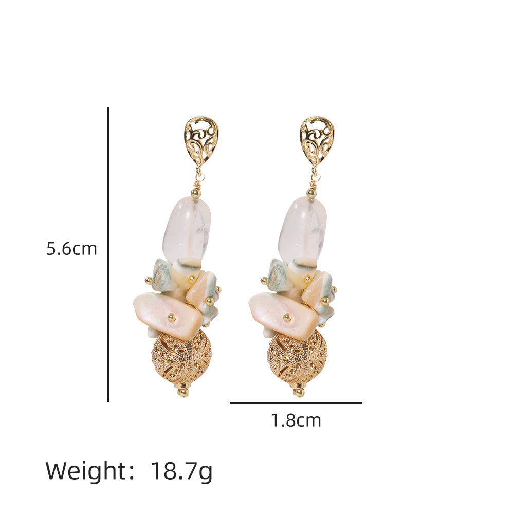 Natural Stone Gold Flower Beads and Natural Crystal Earrings for Women Korean Classic Vintage Fashion Jewelry Earrings