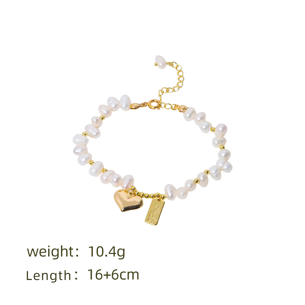 Natural Freshwater Pearl Rice Pearl Gold Love Pendant Bracelet Korean Women's Luxury Jewelry Fashion Women's and Girls' Gifts