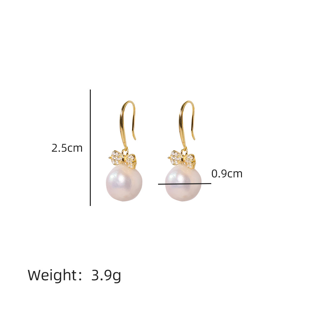 Natural Round Pearl 925 Silver Inlaid with Zircon Bow Knot Earrings for Women Korean Classic Vintage Fashion Jewelry Earrings