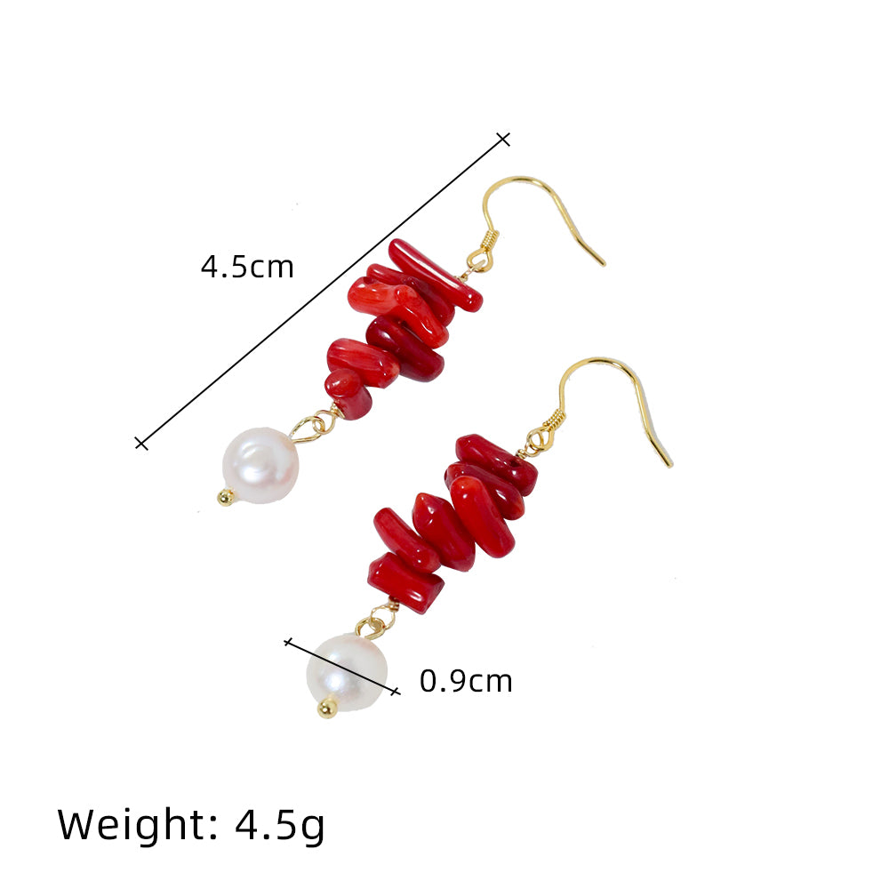 Natural Freshwater Pearl Long Red Coral Earring Korean Style Women Luxury Jewelry Fashion Ladies and Girls Gift