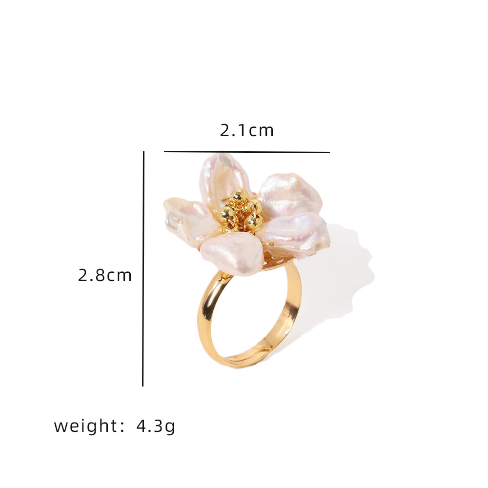 Natural Freshwater Baroque Pearl Flower Ring Brass 18k Gold Plated Women Ring Vintage Elegant Jewelry Wholesale