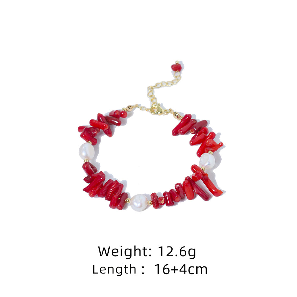 Natural Freshwater Pearl Red Coral Stone Bead Bracelet Korean Women's Luxury Jewelry Fashion Women's and Girls' Gifts