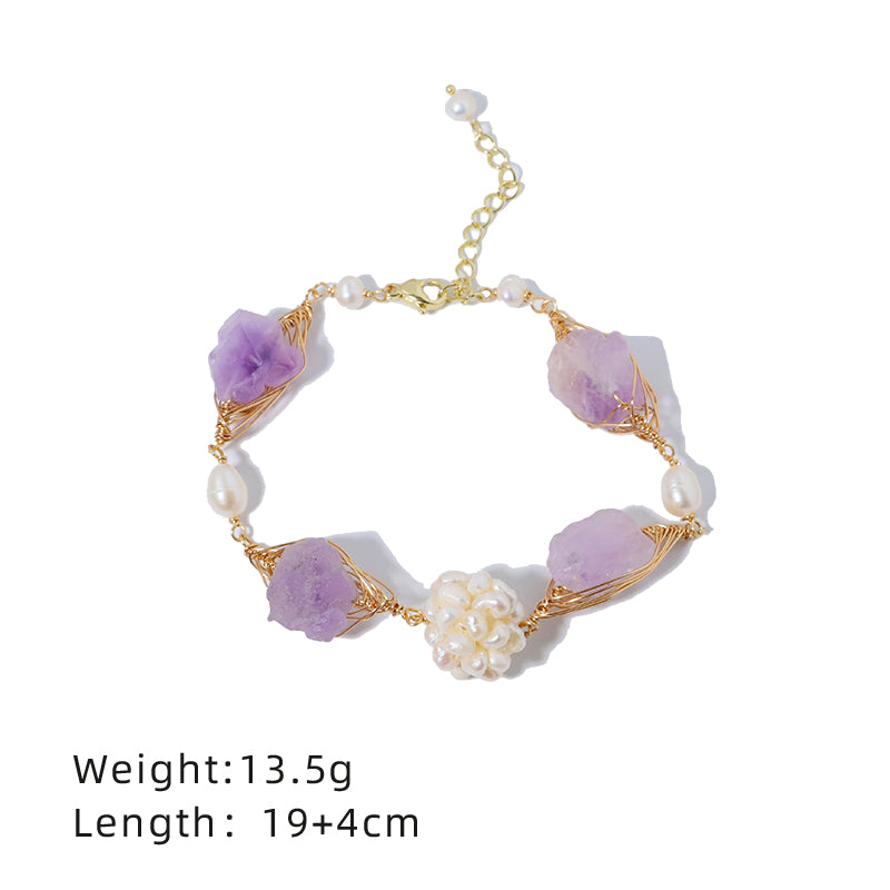 Natural Freshwater Pearl Flower Ball Amethyst Bracelet Korean Style Women Luxury Jewelry Fashion Ladies and Girls Gift