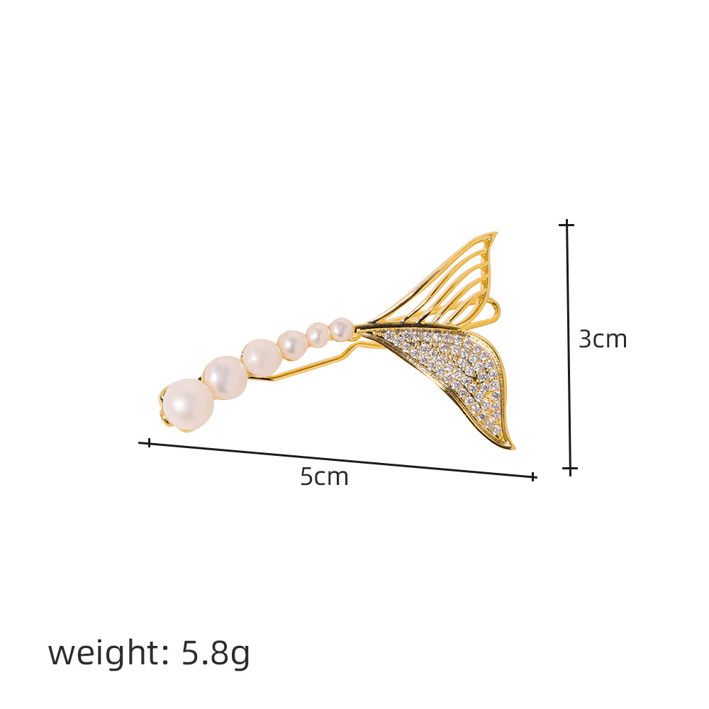 Natural Freshwater Pearls Inlaid with Zircon Fish Tails Hair Accessories Women Jewelry Fashion Ladies and Girls Gift