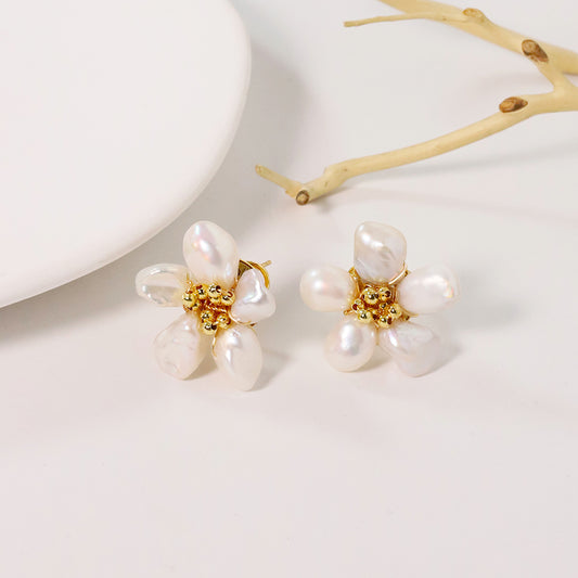 Natural Freshwater Pearl Flower Earrings Baroque Pearls Korean Sweet and Fashionable Earrings Women Gift Luxury Women's Jewelry