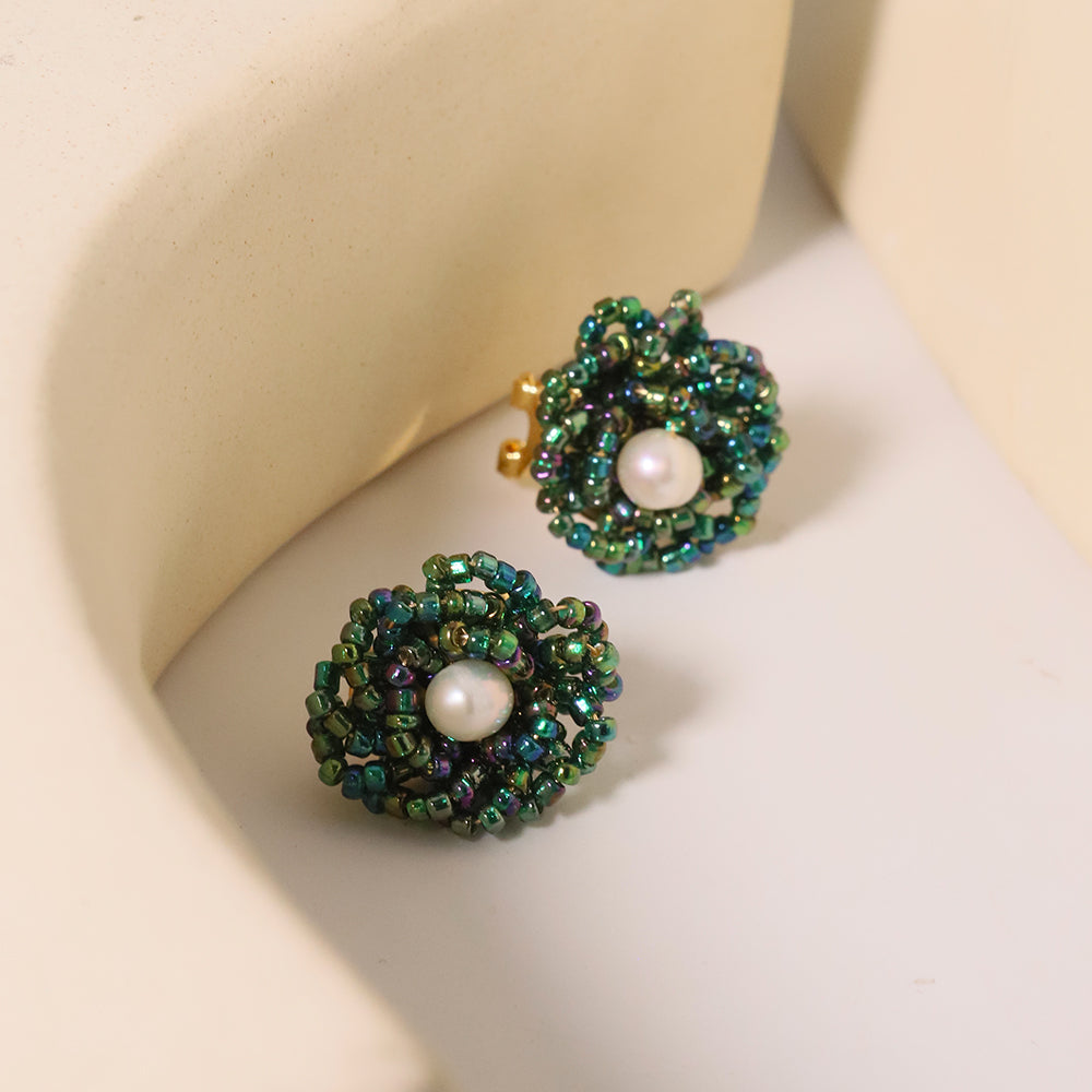 Natural Freshwater Pearl Green glass Earrings Earring for Woman Korean Fashion Style Vintage Personality Lady Jewelry