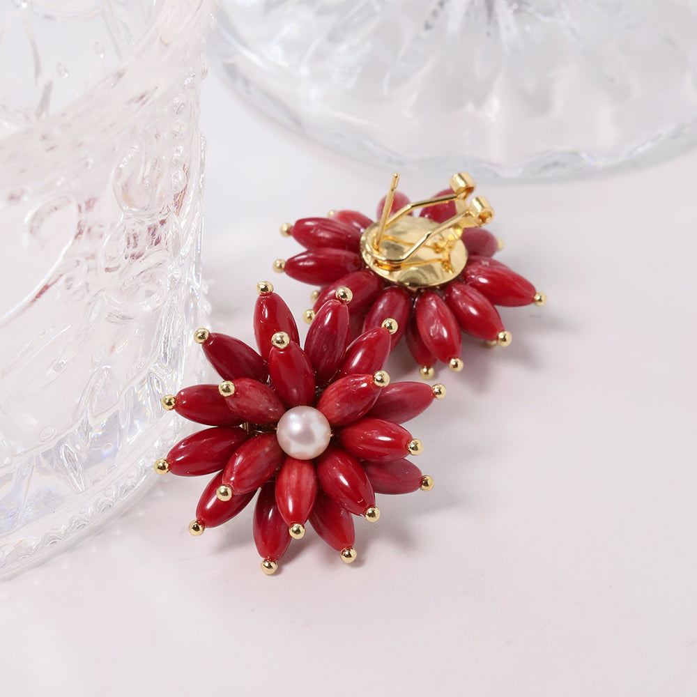 Natural Red Coral Stone Flower Freshwater Pearl Earrings Korean Style Women Luxury Jewelry Fashion Ladies and Girls Gift