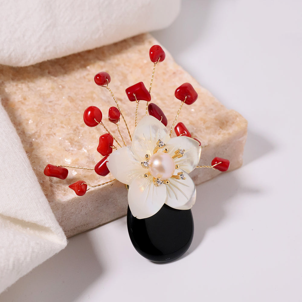 Natural Pearl Black Agate Shell Flower Coral Brooch Korean Women's Luxury Jewelry Fashion Women's and Girls' Gifts
