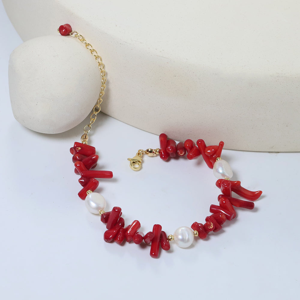 Natural Freshwater Pearl Red Coral Stone Bead Bracelet Korean Women's Luxury Jewelry Fashion Women's and Girls' Gifts