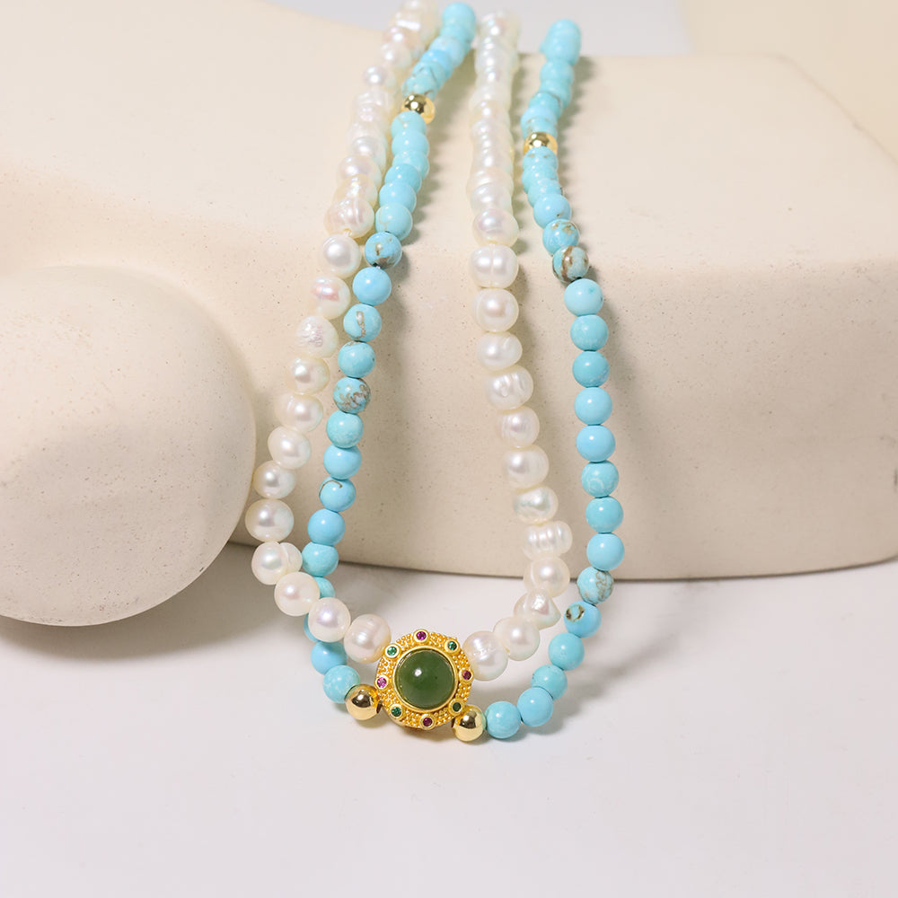 Natural Freshwater Pearl Turquoise Double-layer Necklace Korean Women's Luxury Jewelry Fashion Women's and Girls' Gifts