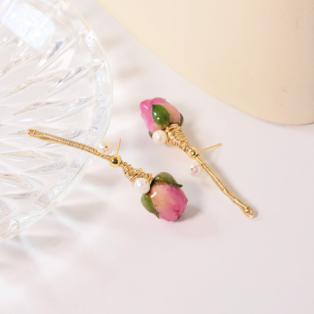 Natural Pearls Pink Bead Dropping Glue Flower Earrings Korean Style Women Luxury Jewelry Fashion Ladies and Girls Gift