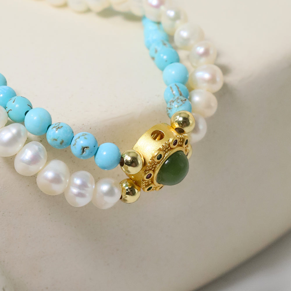 Natural Freshwater Pearl Turquoise Double-layer Bracelet Korean Women's Luxury Jewelry Fashion Women's and Girls' Gifts