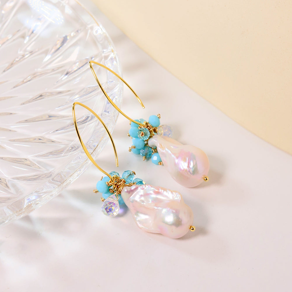 Natural Freshwater Baroque Pearl Blue Flower Earrings Korean Style Women Luxury Jewelry Fashion Ladies and Girls Gift