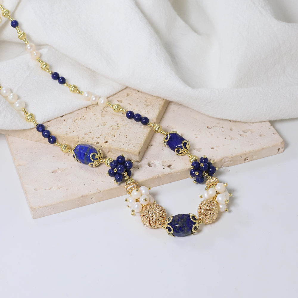 Natural freshwater pearl lapis lazuli necklace Korean Women's Luxury Jewelry Fashion Women's and Girls' Gifts