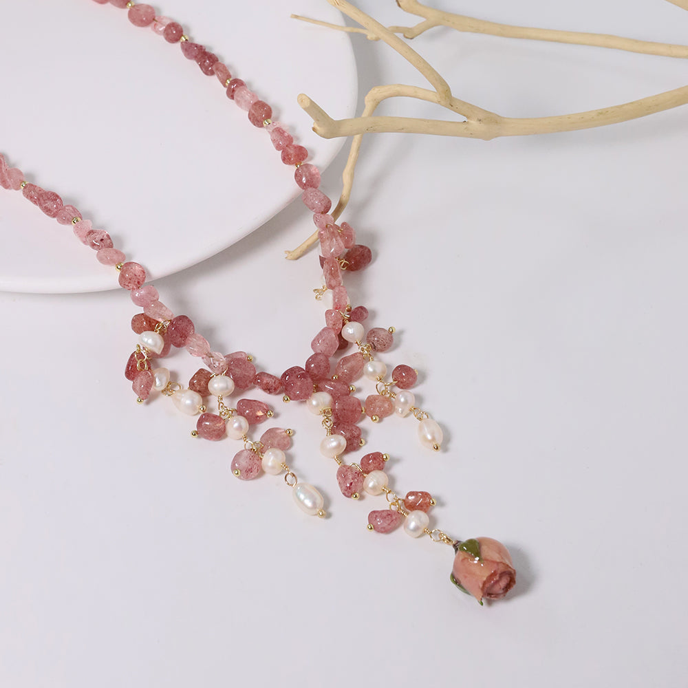 Natural Drip Glue Flower Berry Crystal Pearl Necklace Korean Women's Luxury Jewelry Fashion Women's and Girls' Gifts