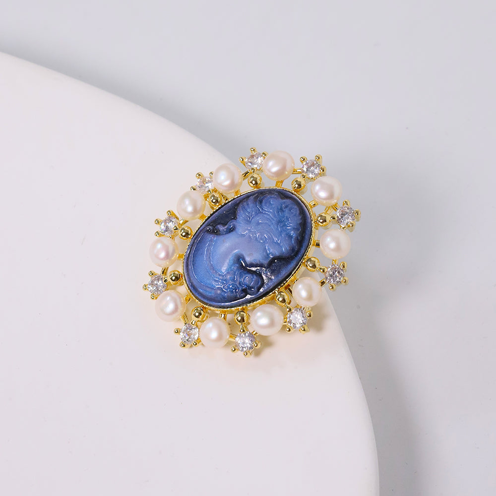 Natural Pearls Cameo Blue Carved Inlaid Zircon Brooches Women Fashion Jewelry Brooches Pearl Brooch Madam Gift