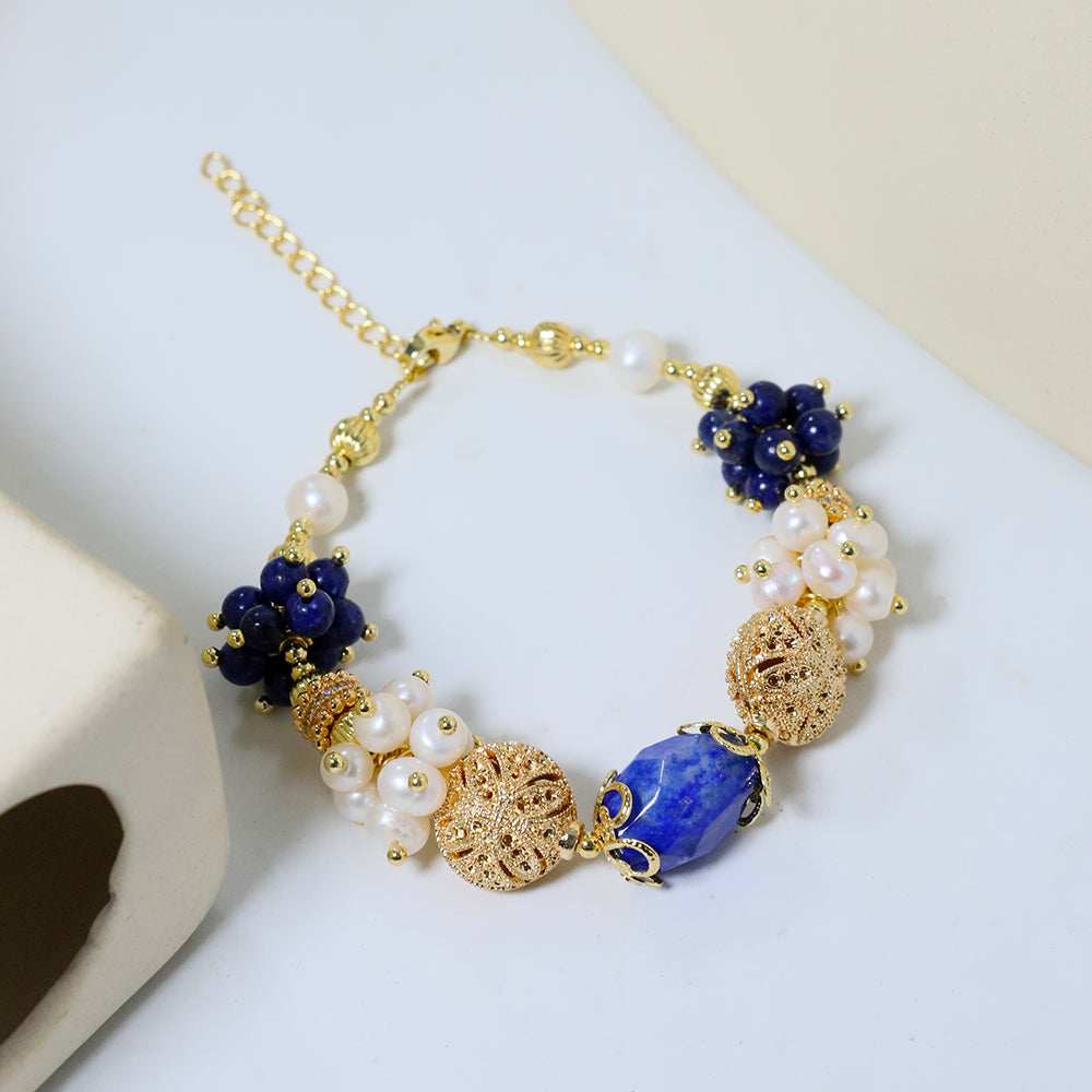 Natural Freshwater Pearl Lapis Lazuli Flower Bracelet Korean Women's Luxury Jewelry Fashion Women's and Girls' Gifts