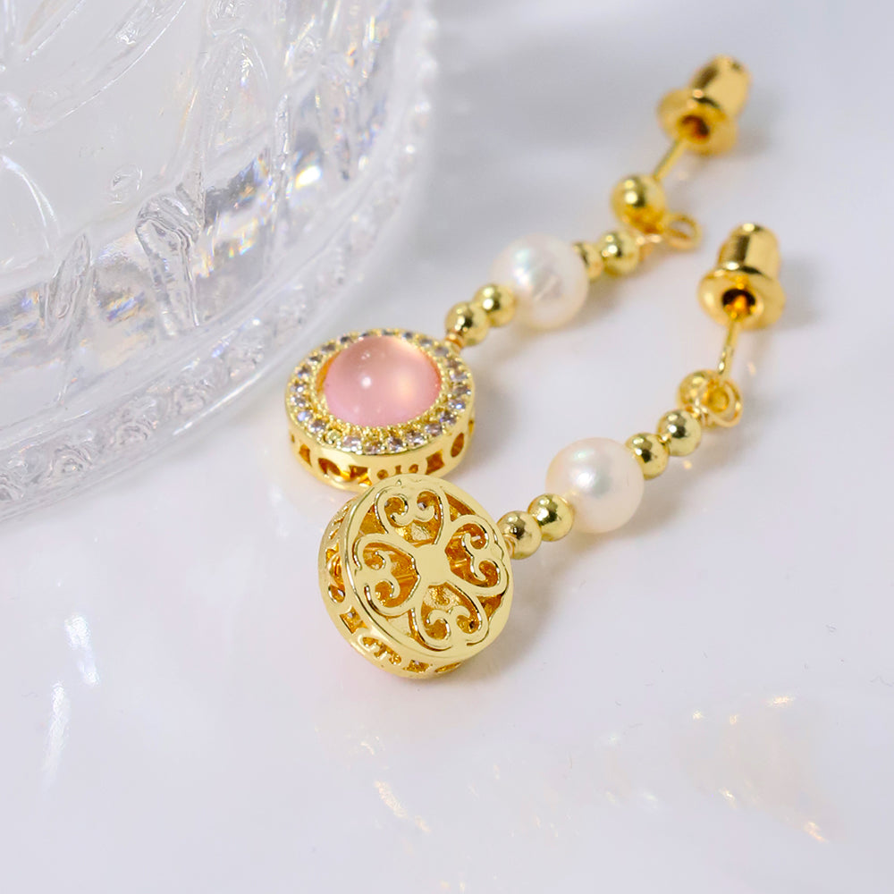 Natural Freshwater Pearl Inlaid Pink Crystal Gold Bead Earrings Korean Style Women Luxury Jewelry Fashion Ladies Gift