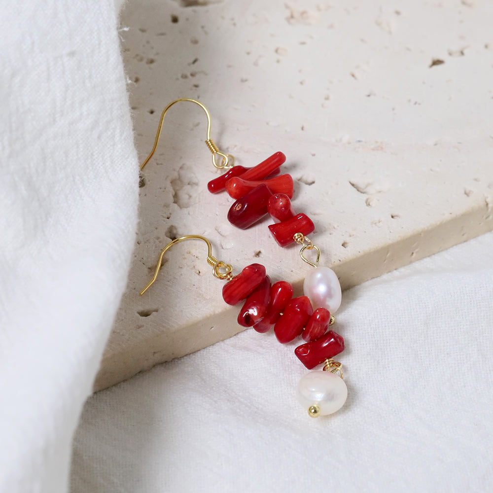 Natural Freshwater Pearl Long Red Coral Earring Korean Style Women Luxury Jewelry Fashion Ladies and Girls Gift