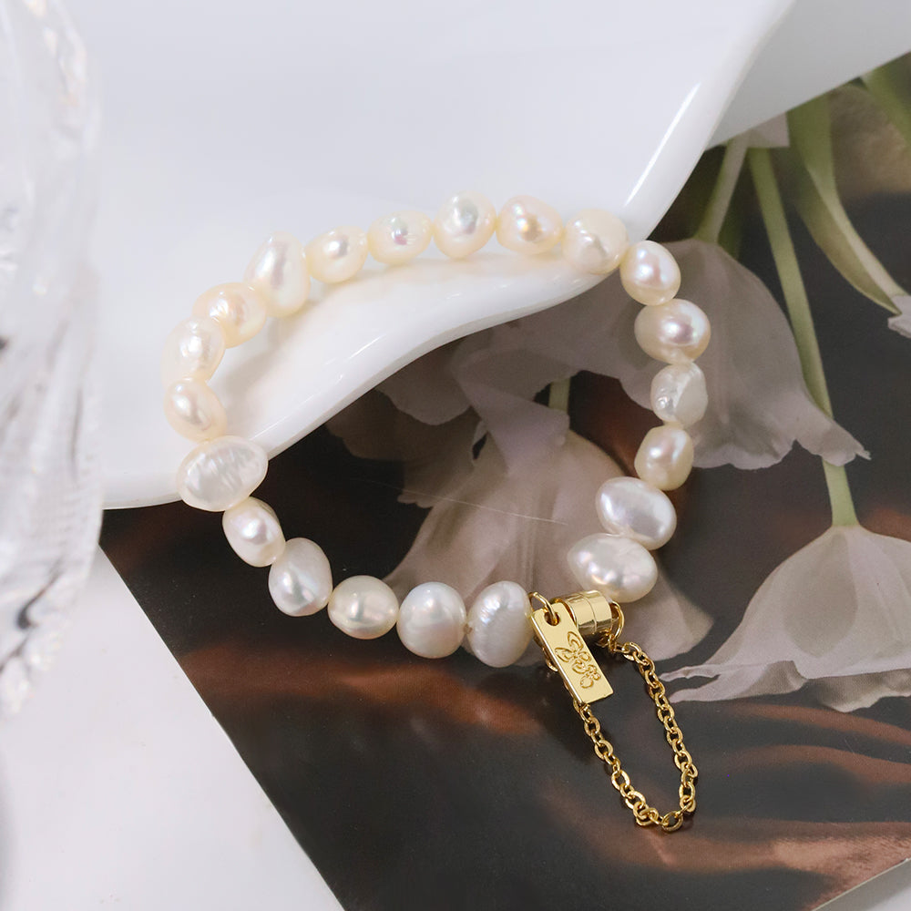 Natural Freshwater Pearl Semi Baroque Bead Bracelet Korean Women's Luxury Jewelry Fashion Women's and Girls' Gifts