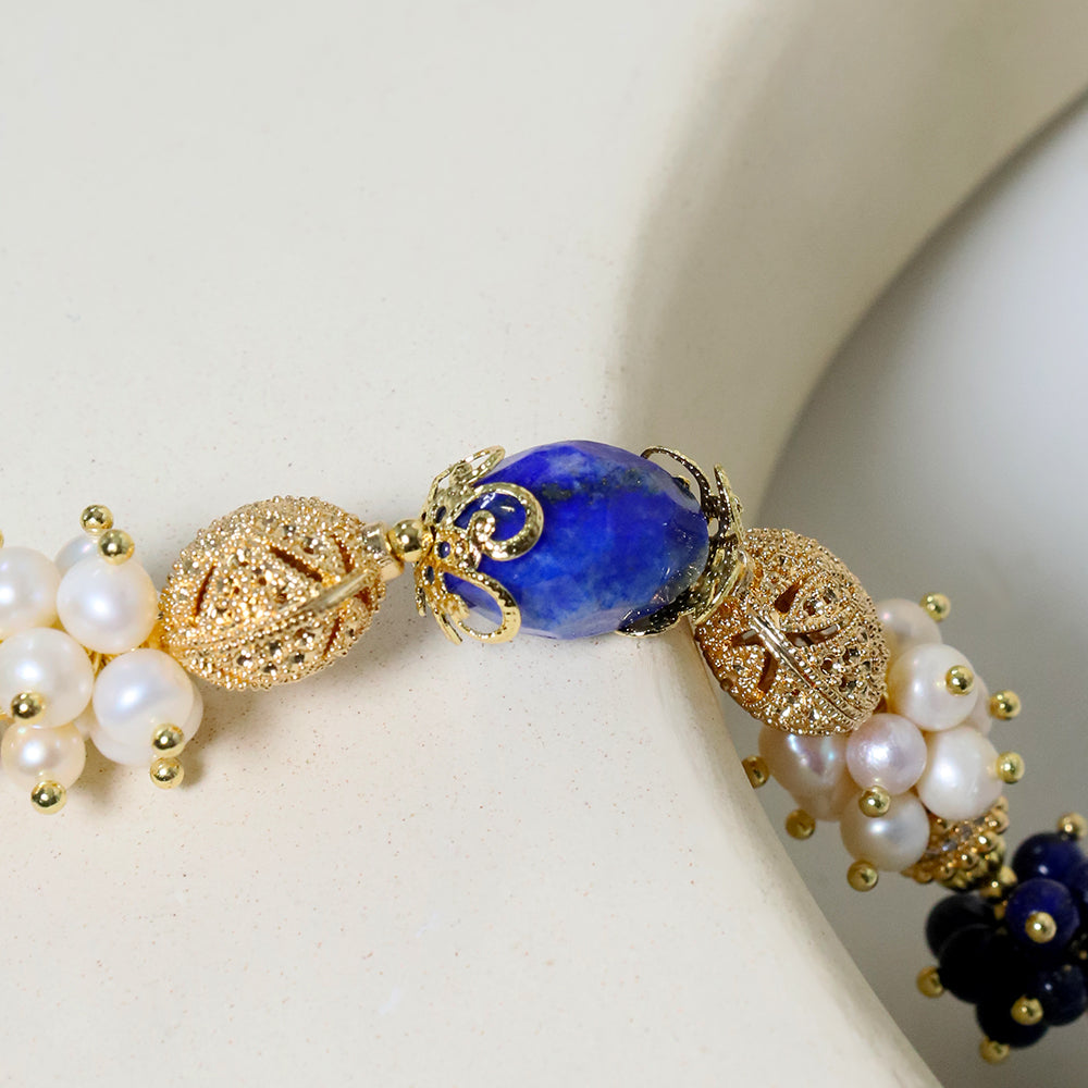 Natural Freshwater Pearl Lapis Lazuli Flower Bracelet Korean Women's Luxury Jewelry Fashion Women's and Girls' Gifts