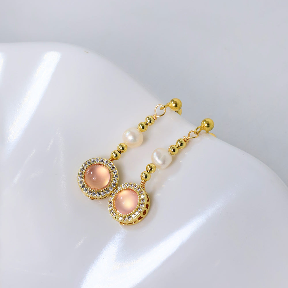 Natural Freshwater Pearl Inlaid Pink Crystal Gold Bead Earrings Korean Style Women Luxury Jewelry Fashion Ladies Gift