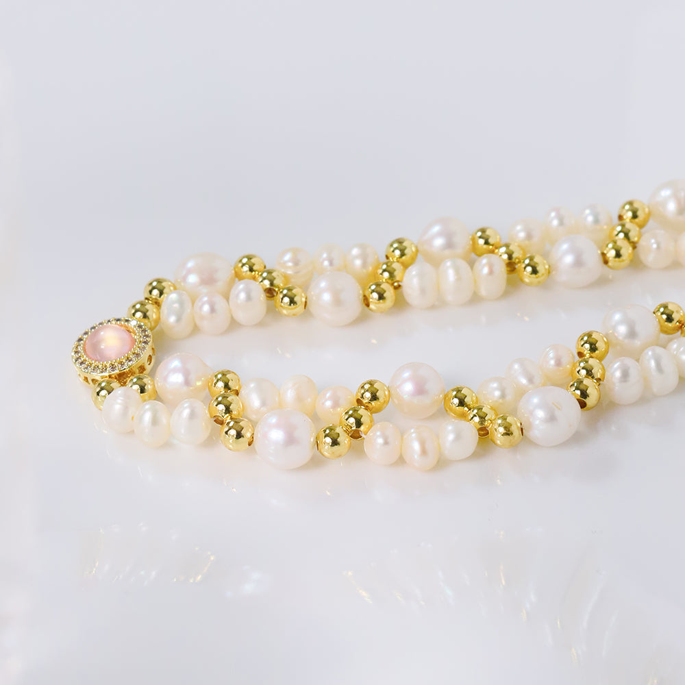 Natural Freshwater Pearl Double Layered Gold Bead Necklace Korean Women's Luxury Jewelry Fashion Women's and Girls' Gifts